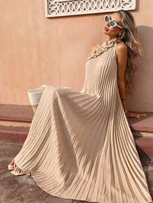 Flora Isola Flora Isola Đầm không tay nữ, đầm dài xếp ly lệch vai họa tiết hoa 3D, thanh lịch và lãng mạn cho các bữa tiệc mùa hè, đa năng cho mặc hàng ngày và đi làm. - Màu Khaki - Xem 1