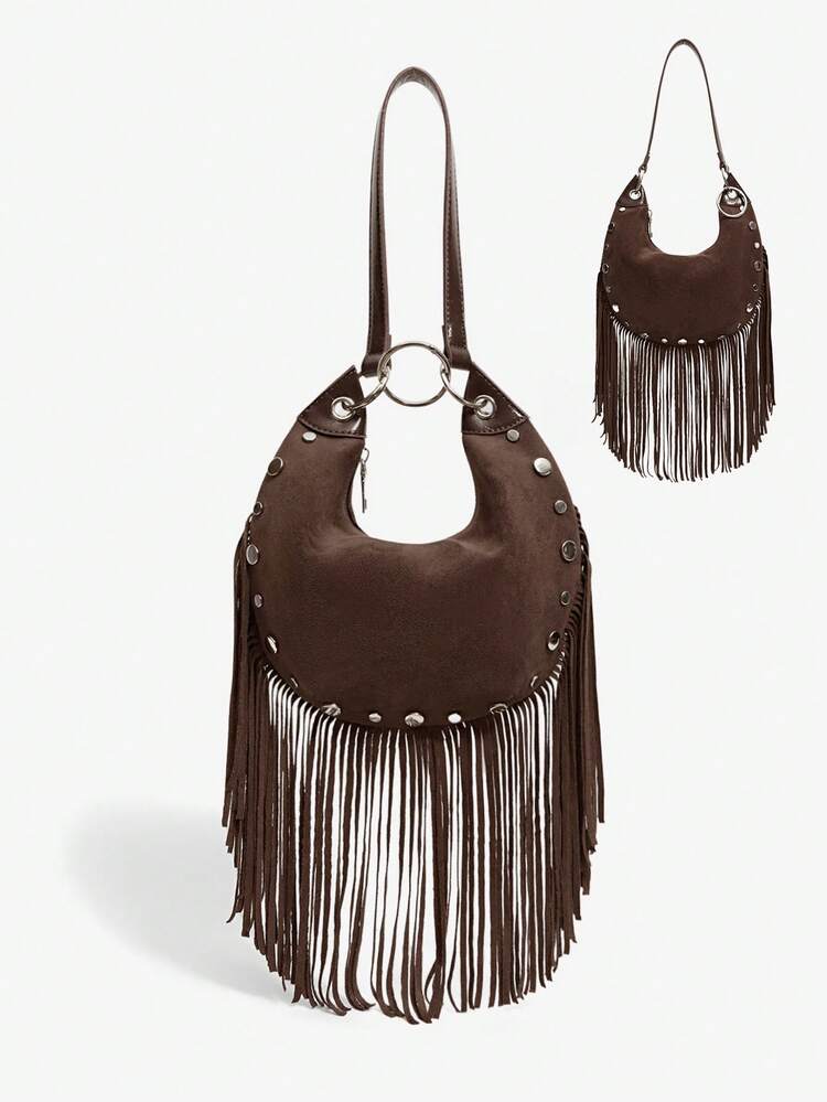 SHEIN Maija Ladies, Women Shoulder Bag, Hobo Bag, Top Handle Bags, Tassel, Retro, Rivets, Vintage, Fashionable, Elegant, Simple, Personalized, Versatile, Classic, For Commute, Office, Date, Daily, Shopping, Afternoon Tea