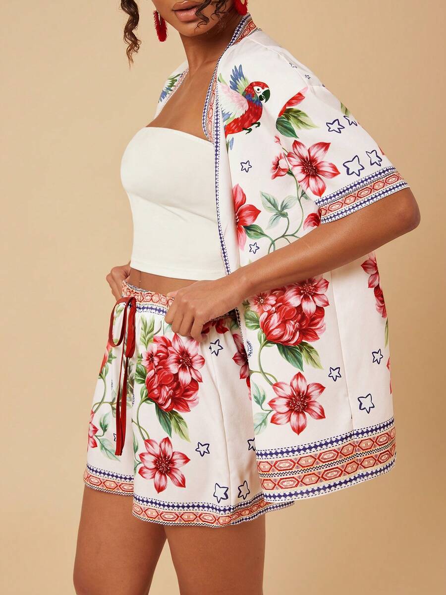 Travachic Women's Tropical Print Shirt & Shorts 2 Pieces Set - Multicolor - View 1