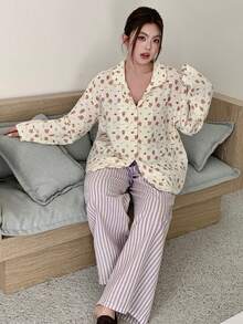 Dazy Plus 2pcs/Set Plus Size Women Cute Cartoon Print Loose Top And Striped Long Pants Pajama Set, Spring/Autumn - Apricot - View 6