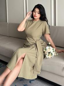 Dazy Plus Plus Size Women Elegant Tie-Waist Long Solid Color Round Neck Short Sleeve Casual Dress, Spring/Summer Sundress - Olive Green - View 1