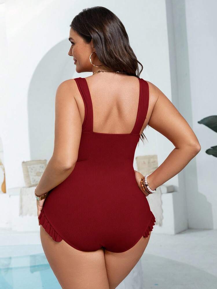 Swim Lushoire 2026 New Summer Beach Vacation Ruffled Design, Solid Striped Textured Fabric Plus Size One-Piece Swimsuit - Burgundy - View 2