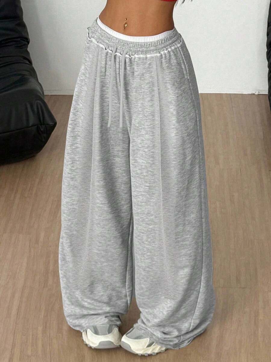 SHEIN 少女宽松休闲舒适中腰撞色抽绳运动裤，秋冬季 - 淺灰色 - 查看 1