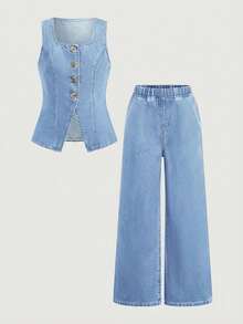 Firerie Kids Firerie Kids Nova Glow 少女春夏休闲街头风纯色V领无袖背心上衣搭配宽松直筒牛仔裤两件套，夏季海滩波西米亚风度假短裤，夏季音乐会、节日休闲派对穿搭，女孩夏季早午餐毕业典礼穿搭 - 淺色水洗藍 - 查看 3