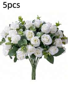 3/5支装仿真花，玫瑰花束，情人节礼物，生日派对装饰，婚礼花篮，新娘手捧鲜花，家居装饰，餐厅，卧室，窗台，花瓶，装饰品，新年装饰，户外花园，开学季 - 純白色 - 查看 6