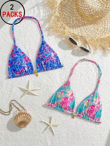 SHEIN 少女两件套印花比基尼泳衣上装，彩色贝壳和海星金属装饰，适合夏季、游泳和海滩穿着。 - 彩色 - 查看 1