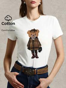Briarwyn 2026新款女士卡通熊印花刺绣圆领休闲短袖纯棉T恤，复古风格，度假风 - 白色 - 查看 1