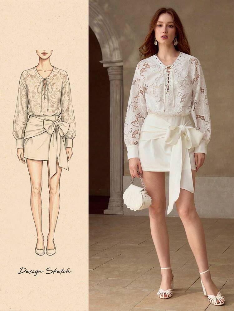 ELEGANTE VESTIDO CORTO DE ESTILO VACACIONAL CON ENCAJE GUIPUR, LAZO EN LA CINTURA, PRIMAVERA/VERANO