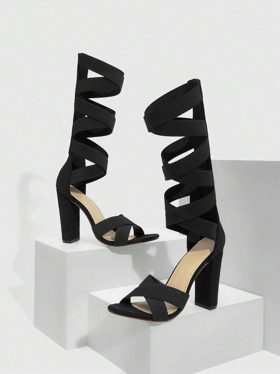 CUCCOO SZL Black Suede Chunky High Heel Sandals, Criss-Cross Strap Design With Side Zipper, Chic & Stylish For Commute And Date - Black - View 1