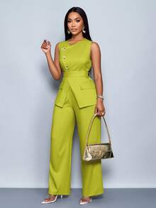 SOLERSUN 2pcs/Set Women Casual Fashion Daily Versatile Asymmetrical Neck Sleeveless Asymmetrical Hem Blouse & High Waist Wide Leg Pants With Belt - Green - View 3
