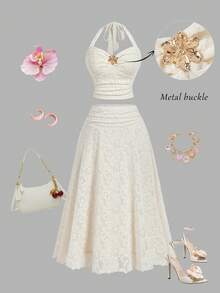 SHEIN MOD 大码女式蕾丝金属扣吊带上衣和长裙套装 - 杏色 - 查看 1