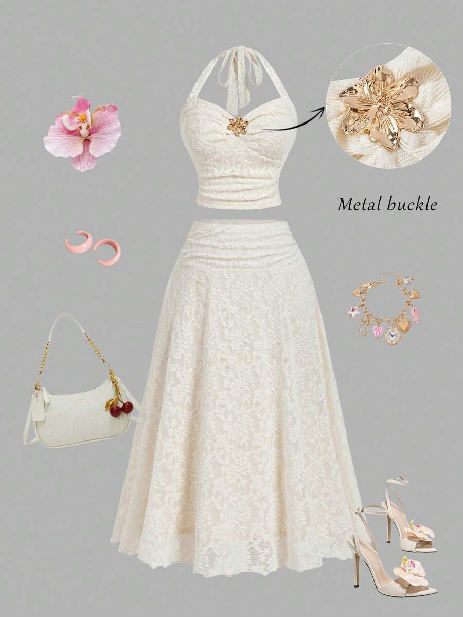 SHEIN MOD 大码女式蕾丝金属扣吊带上衣和长裙套装 - 杏色 - 查看 1