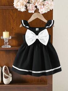 SHEIN Đầm tay ngắn màu đen trắng thanh lịch và dễ thương với nơ thắt cổ cho bé gái - màu đen - Xem 6