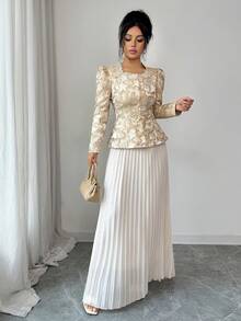 Rafferiza 2pcs Women's Elegant Shiny Metallic Lace Patchwork Pleated Set - Apricot - View 1