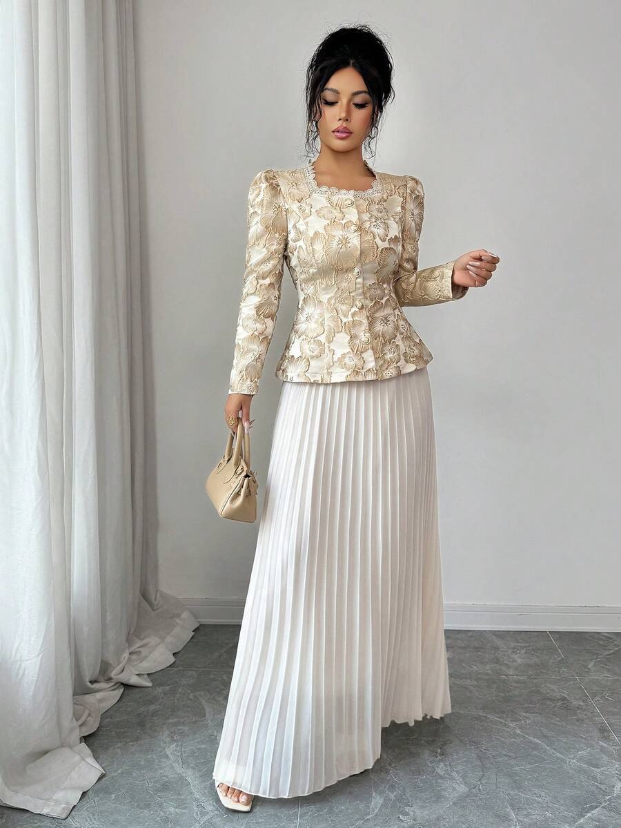 Rafferiza 2pcs Women's Elegant Shiny Metallic Lace Patchwork Pleated Set - Apricot - View 1