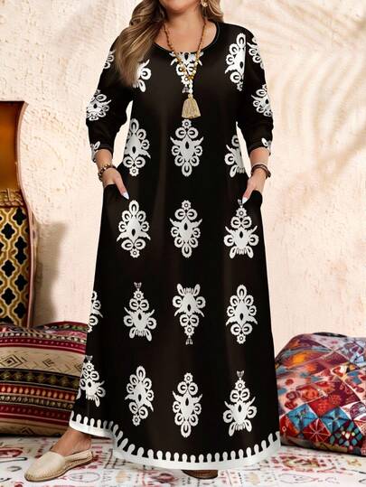 EMERY ROSE Plus Size Long Sleeve Round Neck Dress, Suitable For Autumn/Winter,Vacation/Summer/Spring