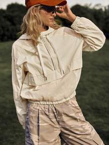 Medorelle Áo hoodie nữ thể thao thường ngày phối lưới, có khóa kéo. - Màu be - Xem 1