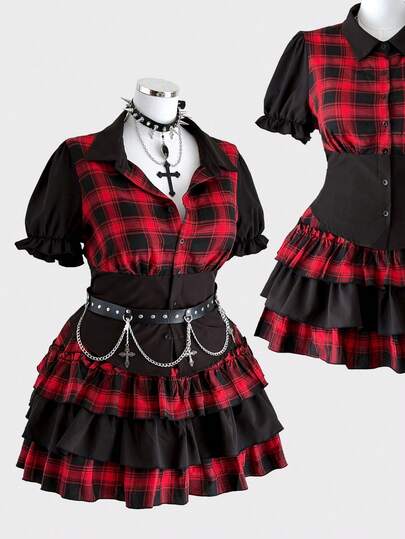 Sunspun Cosplay Dark Lolita Flare Sleeve Hollow Design Top + Plaid Puff Skirt Set, New Retro Punk Dark Elegant Sexy Plaid Puff Sleeve Cinched Waist Shirt Polo Collar Top Paired With Elastic Waist Layered Cake Skirt Mini Two Pieces Set