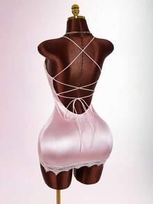 Amplova Women's Dusty Pink Contrast Lace Asymmetric Hem Bodycon Cami Mini Dress,Summer 70's Y2K Satin Velvet Lingerie,Club Night Party Disco Birthday Outfits - Pink - View 7