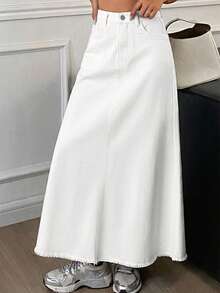 少女白色牛仔宽松长裙，春夏休闲度假乡村波西米亚风，沙滩装，舒适柔软的牛仔裤裙，长裙，白色长裙 - 白色 - 查看 1