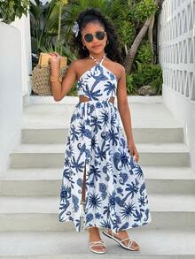 Tween Girl Fashionable Printed Hollow-Out Backless Tie-Up Casual Vacation Sleeveless Dress, Bohemian Music Festival Summer Beach Vacation Halter Dress - Blue - View 5