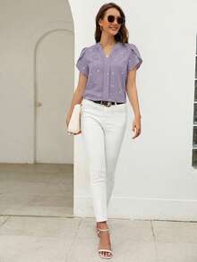 SHEIN Clasi 春季爱心印花花瓣袖V领夏季沙滩女式衬衫 - 淺灰紫 - 查看 4