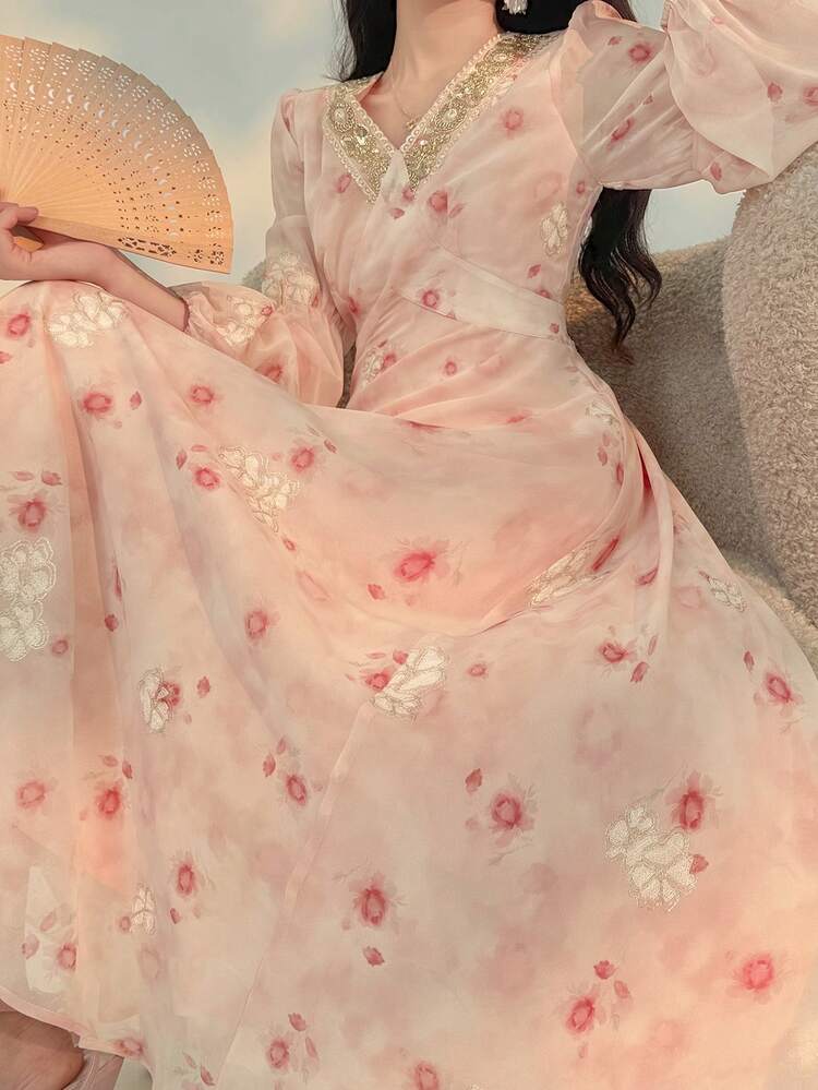 Embroidered Lace Ditsy Floral Dress, French Style Pink Dress For Women Dress Sundress