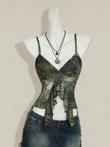 SHEIN ICON Women's Summer Bohemian Vacation Paisley Print Slit Ruffle Trim Fitted Cropped Camisole - Army Green - View 3