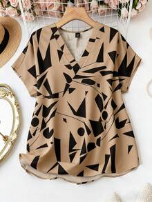 SHEIN LUNE CURVE 大码女式休闲度假V领蝙蝠袖印花衬衫，夏季 - 彩色 - 查看 4