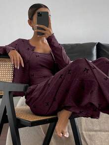 DAZY 3pcs Bow Print All-Over Allover Print Camisole & Pants Pajama Set For Women, Spring - Burgundy - View 4