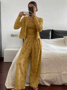 DAZY Set pigiama da donna composto da 3 pezzi: cardigan, canotta e pantaloni con stampa farfalla, adatto per la primavera - Arancione Corallo - Visualizzare 5