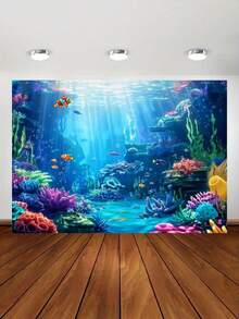 1pc Ocean Princess Polyester Underwater Marine Life Backdrop Banner, Mermaid Theme Party Banner, Suitable For Photo Booths And Birthday Cake Table Decorations - Multicolor - View 2