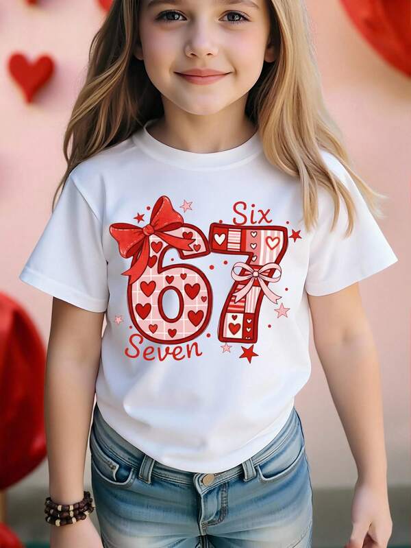Young Girls' Casual Fashionable Creative Personalized Refreshing Cute Simple Plaid, Number 67, Heart, Bow, Star Shaped, Letter Slogan Graphic Print Basic Short T-Shirt, Comfortable Daily Wear, Cozy Summer And Fall Styles Suitable For Spring, Summer, Autumn