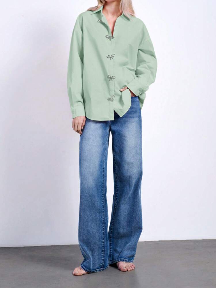 SHEIN Maija Women's Romantic Elegant Bowknot Rhinestone Decor Pink Button Up Shirt, Party Wear Valentine's Day,Festival,Going Out Tops Women