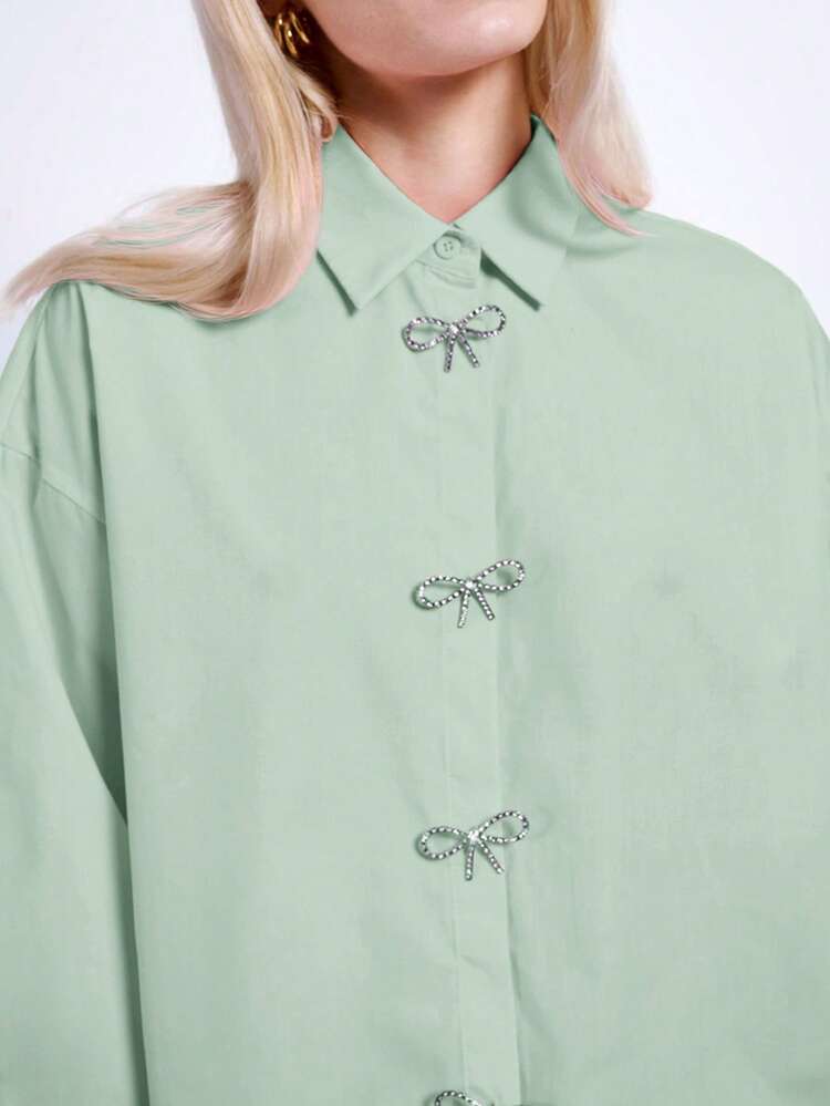SHEIN Maija Women's Romantic Elegant Bowknot Rhinestone Decor Pink Button Up Shirt, Party Wear Valentine's Day,Festival,Going Out Tops Women