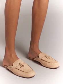 SHUZIA Women's Retro Fringe Lace-Up Velvet Bread-Top Half-Covered Slip-On Flat Mules