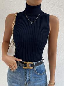RosyDaze Atasan Rajut Elegan Tanpa Lengan Model Turtleneck Warna Polos - Royal Blue - View 6