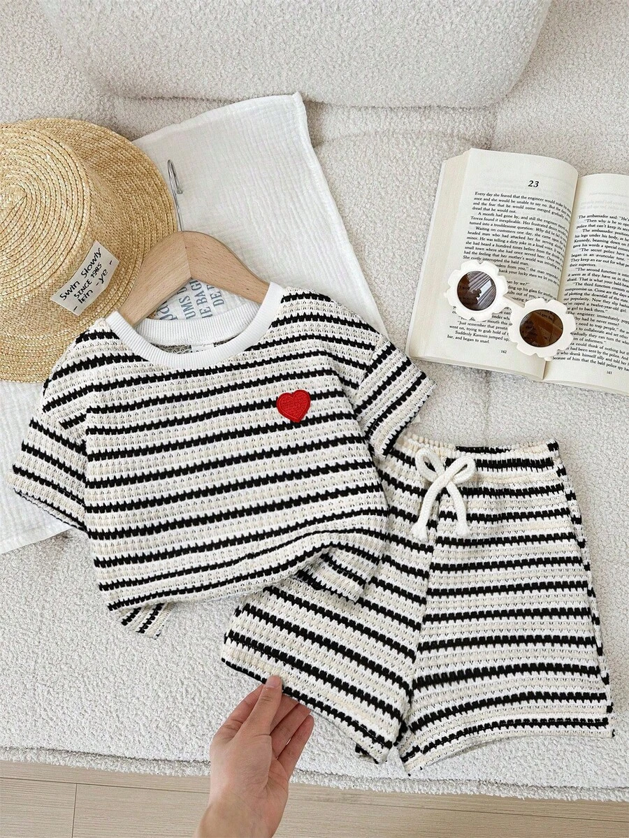 SHEIN LMoss Kids LMoss   2pcs Baby Girl Knitted Striped Casual T-Shirt And Shorts Set Two Piece Baby Outfit Toddler Two Piece Sets Baby Knit Set Baby Girl Set Stripes - Black and White - View 1