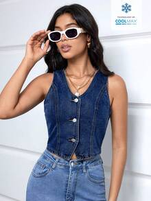 SHEIN Essnce Women's Summer Fashion Street Front Button Denim Jacket - Blue - View 6