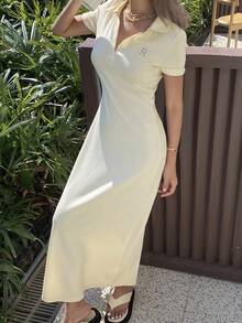DAZY 女士纯色常规肩部短袖半拉链休闲长连衣裙夏季连衣裙 - 白色 - 查看 11