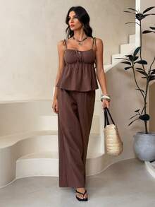 SHEIN Tall 100%纯棉棕色亚麻吊带背心和裤子套装 - 棕色 - 查看 5