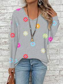 EMERY ROSE 大码女式V领碎花休闲宽松长袖T恤 - 灰色 - 查看 1