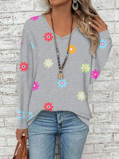 EMERY ROSE Plus Size Women V-Neck Floral Print Casual Loose Long Sleeve T-Shirt