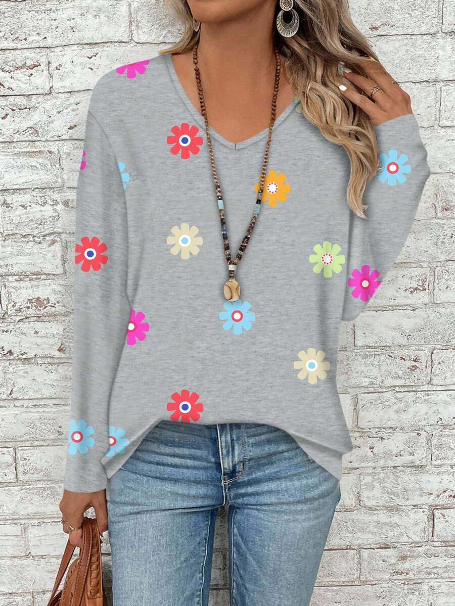 EMERY ROSE 大码女式V领碎花休闲宽松长袖T恤 - 灰色 - 查看 1