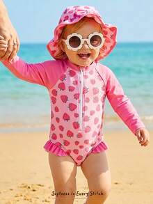 Cozy Pixies Baby Girl Round Neck Zipper Strawberry Print Ruffle Splice Vacation Beach Long Sleeve Swimsuit