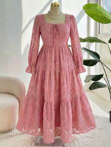 SHEIN Clasi Đầm dài tay thanh lịch, thắt eo bằng vải jacquard dành cho nữ cỡ lớn, thích hợp cho các buổi hẹn hò và tiệc tùng. - Hồng - Xem 8