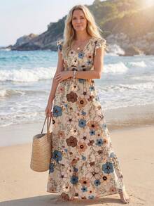 Sylviya Vintage Floral Print Shirred A-Line Long Dress With Cap Sleeves And Hem, Casual Vacation Elegant Dress For Women, Suitable For Spring And Summer Summer Dresses For Women Suitable For Going Out Chic Dress,Vacation - Multicolor - View 4