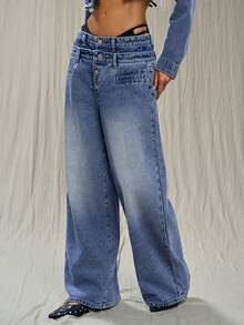 TRNVIE 女士休闲时尚街头风低腰纽扣宽松阔腿二合一牛仔裤 - 藍色 - 查看 5