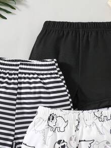 SHEIN Playful Pals 3pcs Baby/Toddler Boys' Cute Dinosaur Print, Classic Black & White Stripe, Solid Black Casual Shorts, Spring/Summer - Black and White - View 6