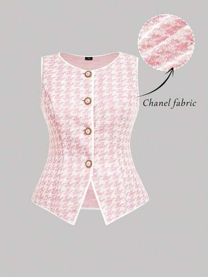 SHEIN MOD Plus Size Women's Elegant Pink Knitted Houndstooth Tank Top With Contrast Binding And Pearl Buttons, Valentines Day , Summer , Party Top, Birthday For Women, Elegant And Sweet Old-Fashioned Church Top Feminine Clothes French Style Clothes Classic Clothes For Women Women S Vest